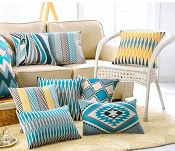 Turkusowe poduszki żółte ozdbne dekorayjne etno maroko zebra skandynawskie